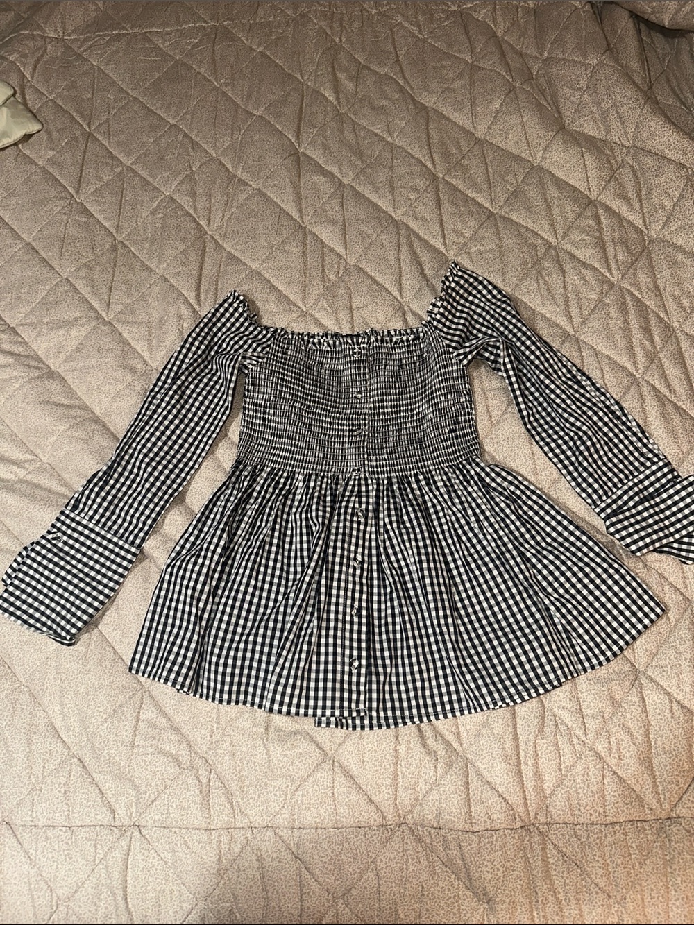 Central Park West Black & White Gingham Smocked Off-Shoulder Top